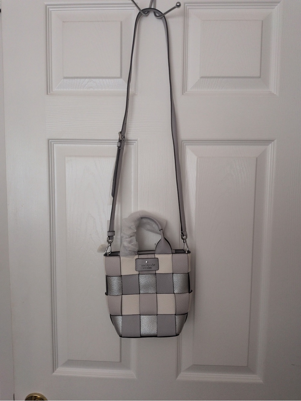 kate spade metallic platinum Cream and Silver Woven Checker Crossbody
